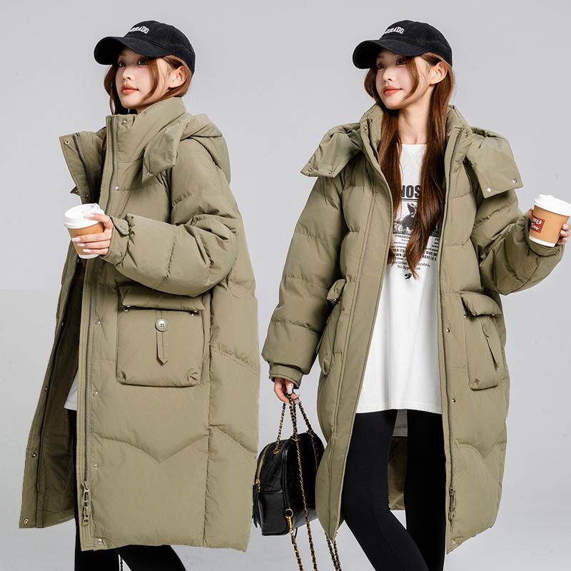 Women's Autumn and Winter Coat Solid Color Stand Collar Hooded Loose Thickened Windproof Mid-length Women's Jacket