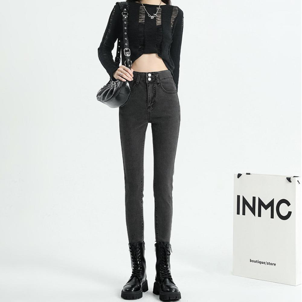 Korejská verze vysokých a malých džínů pro dámské jaro a podzim s vysokým pasem a tenkých, slim-fit elastických tužkových džínů s dvojitou přezkou