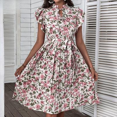 Robes décontractées pour femmes, mode été printemps imprimé Floral, manches courtes, col rond, taille haute