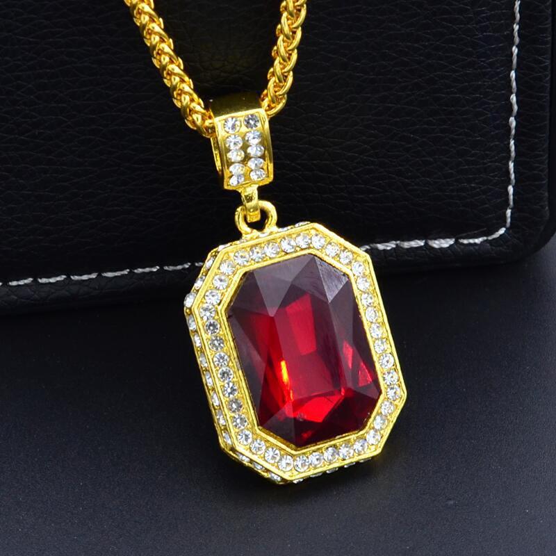 Inlaid Diamond Square Ruby Necklace Hip Hop Men'S Pendant Red Stone Pendant Vintage Jewelry Costume Accessories