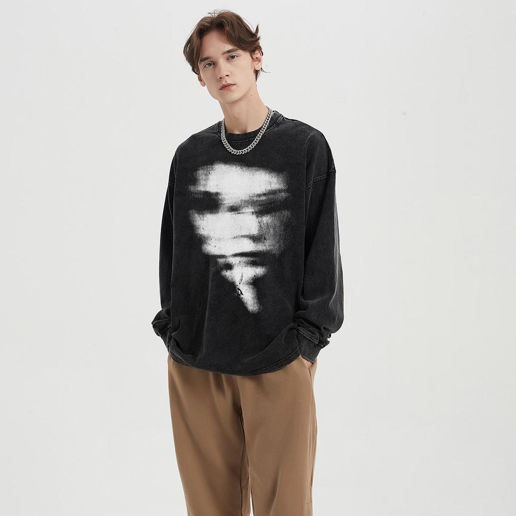 Streetwear Big Face Graphic Washed Black T-Shirt Cotton Unisex Tops Tees Plus Size Long Sleeves T Shirt