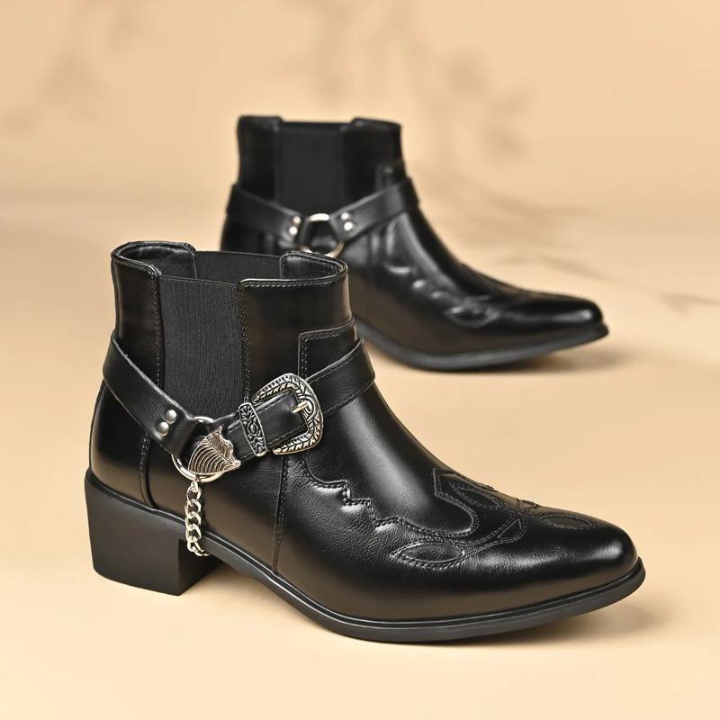 Stivali da Cowboy Vintage alla Moda da Uomo in Pelle con Cinturino Alto a Fibbia a Catena Scarpe a Punta Stivaletti da Motociclista da Uomo