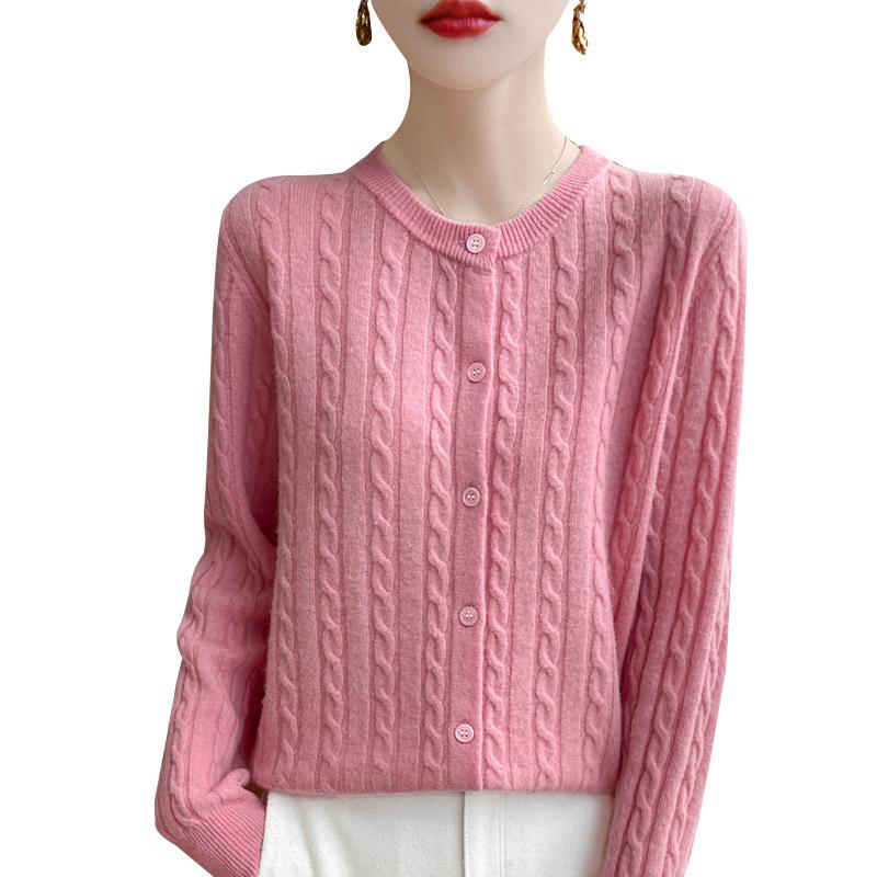 Vår Höst Rundhals Stickad Topp Dam Enkelknäppt Kappa Enfärgad Kabelstickad Kofta Tröja