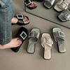 Fashion Versatile Sandals Solid Color Rhinestone Square Buckle One-word Slippers Women's Summer Fashion Wear Slope Heel Beach Cool Slippers