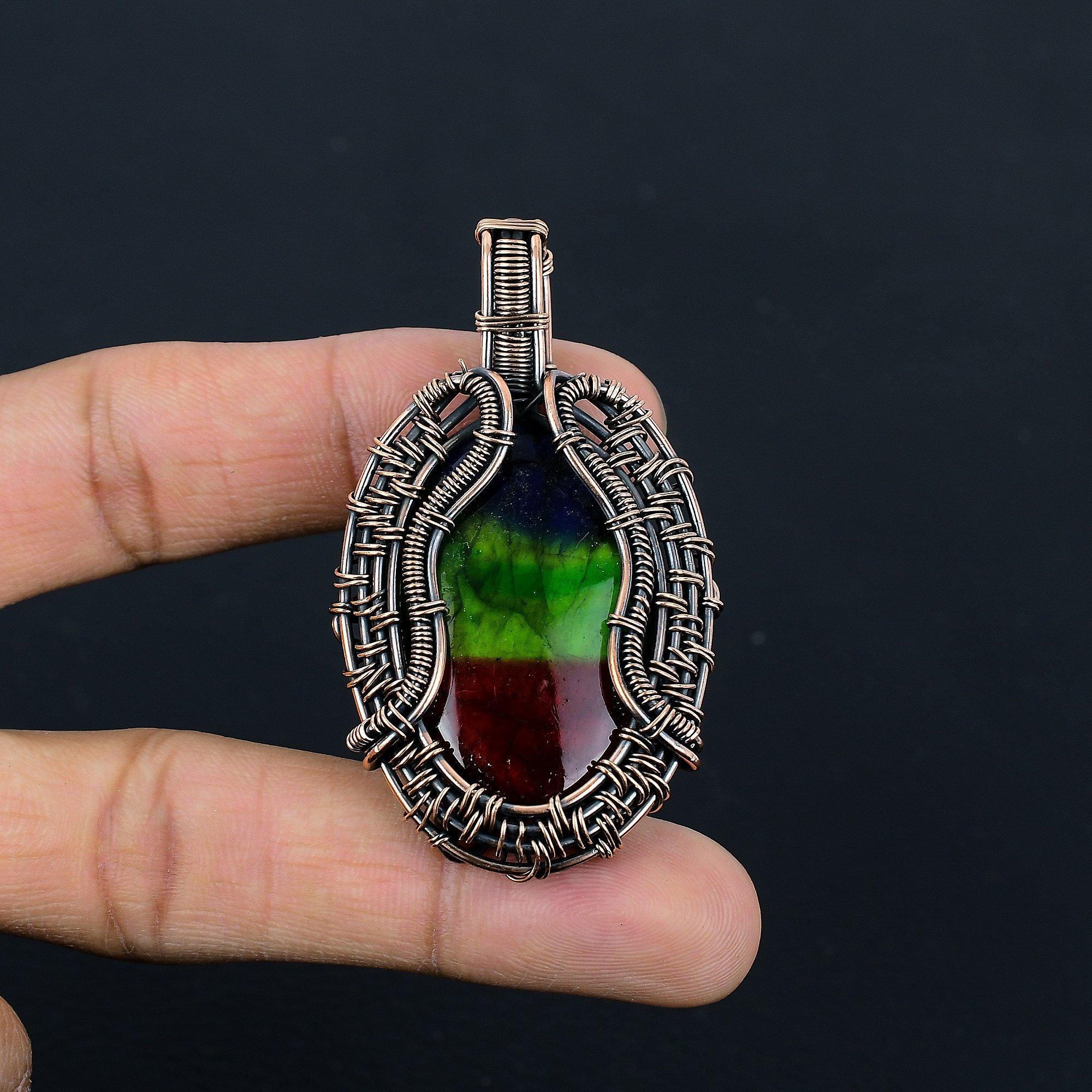 

Tri Color Labradorite Pendant, Handmade Gemstone Pendant, 999 Copper Wire Wrapped Pendant Antique Jewelry, For Engagement Gift 2.55 Inches