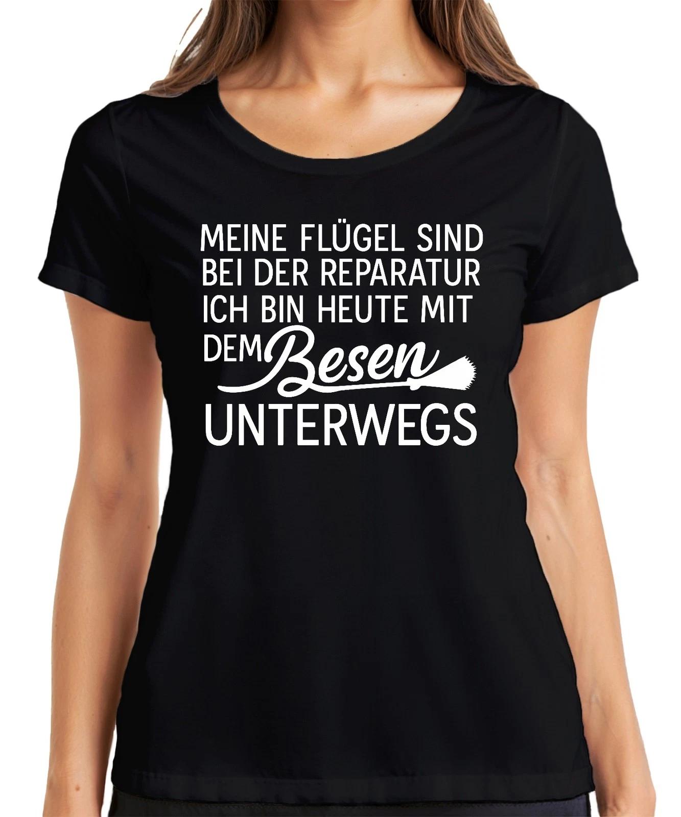 Flügel in Reparatur heute mit Besen unterwegs Hexe Lustig Spaß Damen T-Shirt L