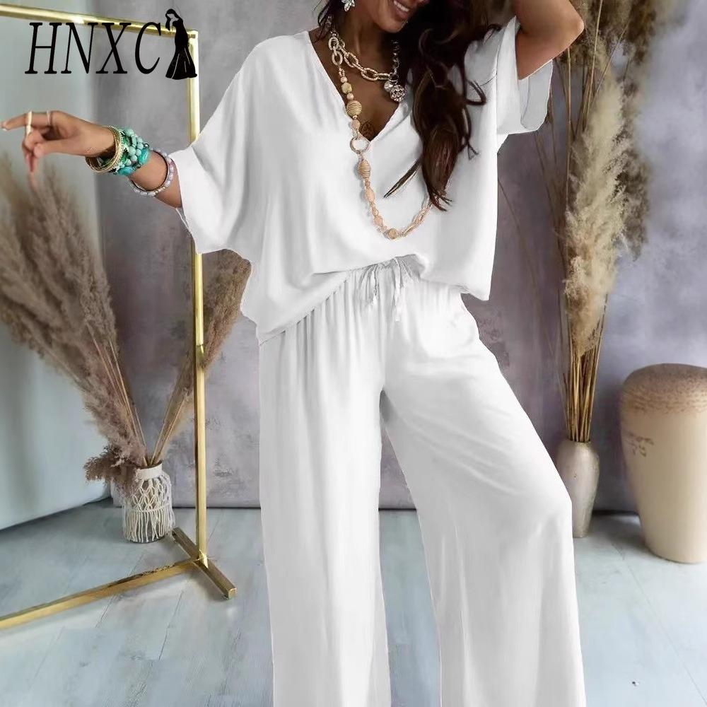 HNXC Women's V-Neck Bat Sleeve Casual Loose Wide Leg Pants Set