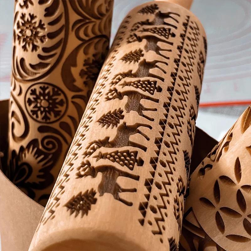 3D Pattern Flower Snowflake Rattan Wooden DIY Baking Tools Laser Engraved Christmas Embossed Rolling Pins Cookie Mold 2025
