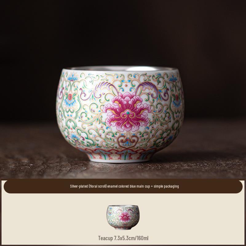 Silver Gilded Ceramic Tea Tasting Cup with Enamel Design - Master’s Single Cup, High-Grade Gift Box Packaging