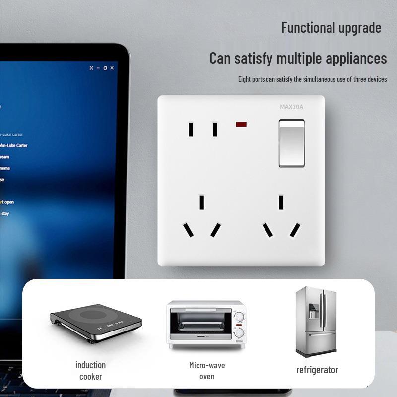 White Recessed Single Gang 86-Type Wall Switch Socket Panel with 8 Multi-Hole Outlets