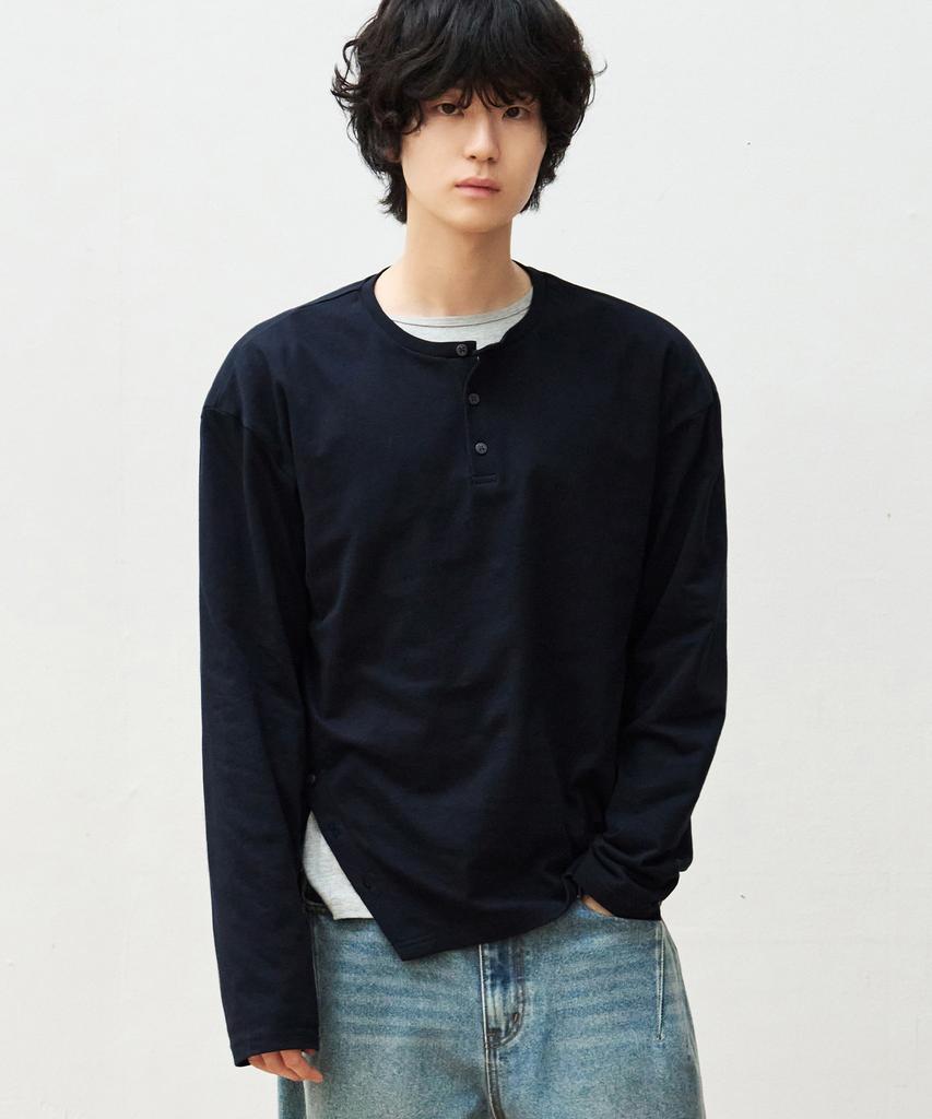 OURDAYZ Side Placket Henley Neck Long Sleeve [Navy]