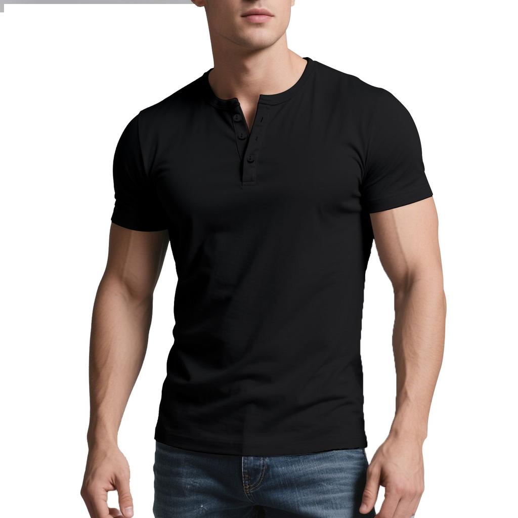 Men Summer Casual Slim Fit Short Sleeve Solid Henley Shirt