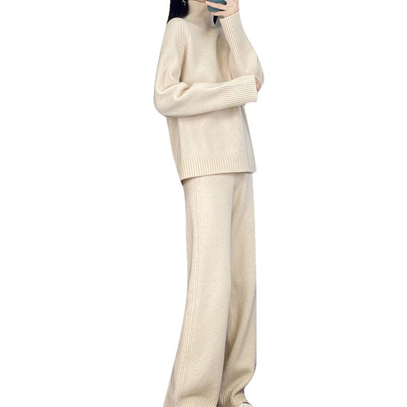 2025 Autumn/Winter High Neck Wool Knitwear & Wide Leg Pants Set