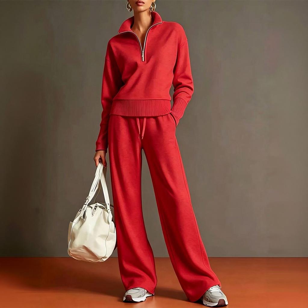 Conjunto de Dos Piezas de Punto para Mujer Suéter con Media Cremallera Manga Larga Cuello Plegable Pantalones de Pierna Ancha Conjunto para Estar en Casa