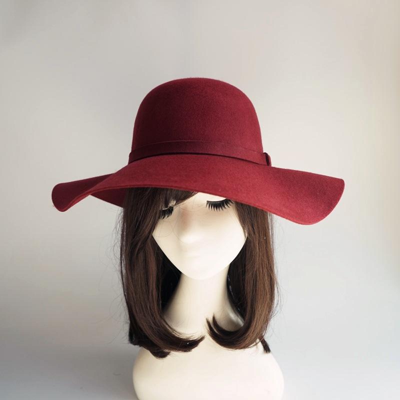 Foreign Trade Export Autumn And Winter Black Camel Woolen Top Hat Big Brim Wavy Felt Hat British Hepburn Retro