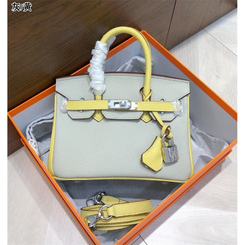 Womens Togo Top Grain Leather Handbag Contrast Color Fashion Shoulder Crossbody Bag