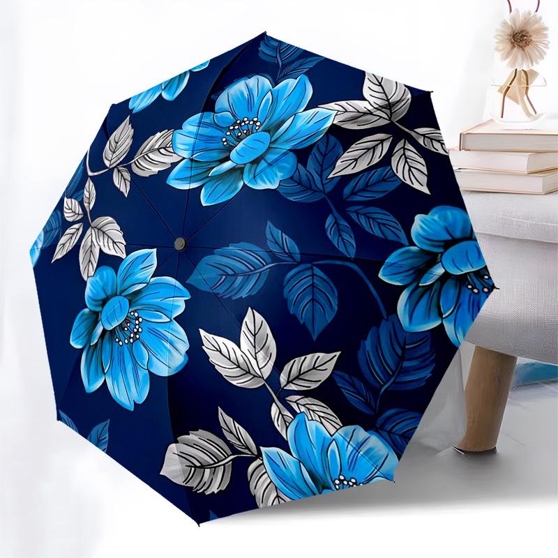 1pc Blue Floral Pattern Umbrella with Plastic Handle,Compact & Stylish,Suitable for All Seasons Ptys26053