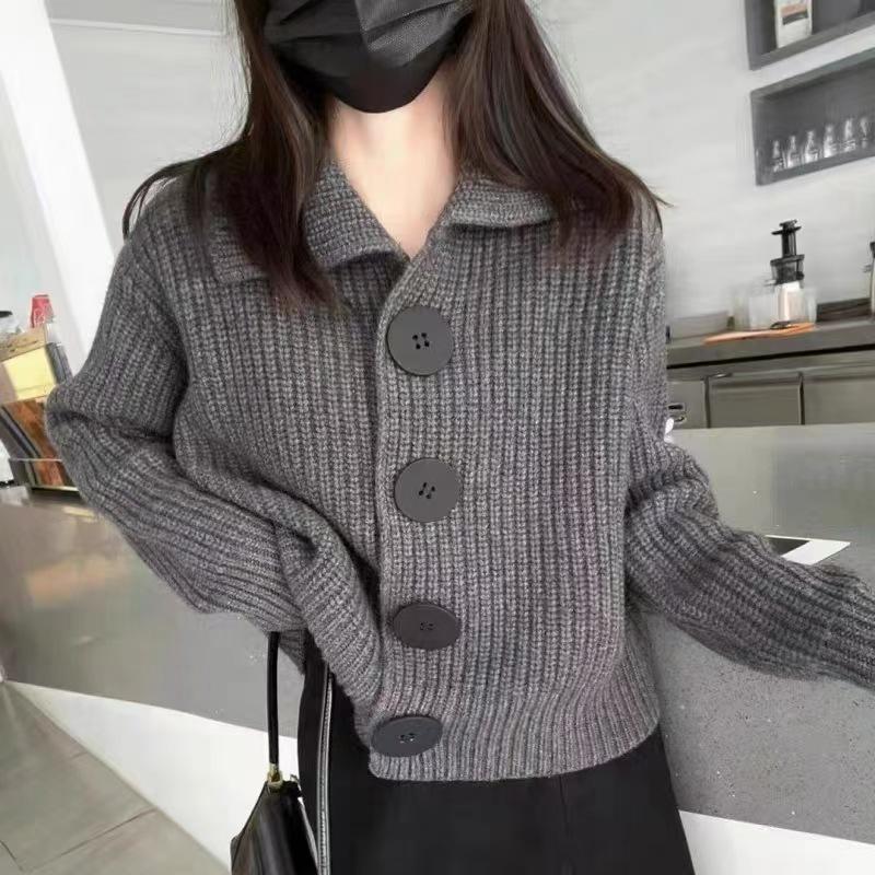 

Autumn and winter new long-sleeved loose-knit cardigan jacket women s fashion large-button lapel sweater women s top One Size