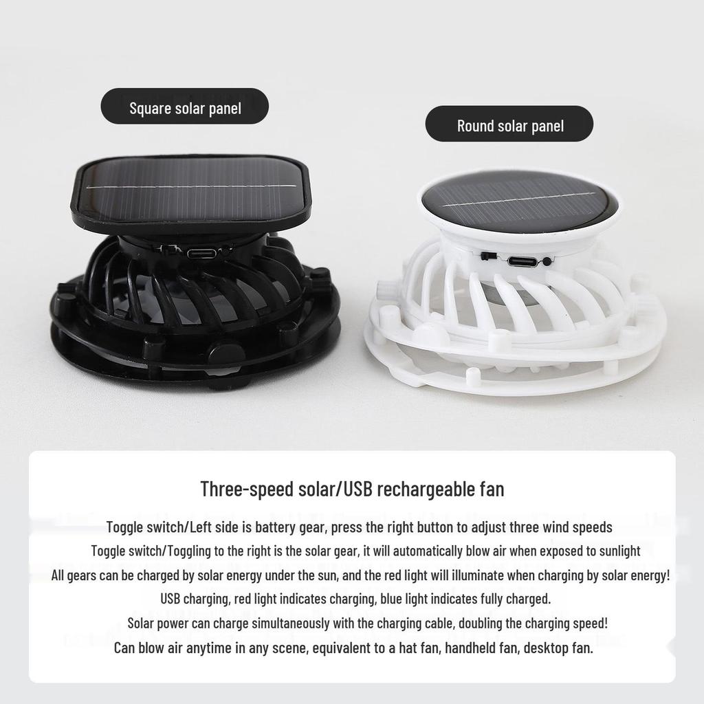 USB Rechargeable Solar Fan with Detachable Accessories - Pressure-Sensitive Motor for Strong Wind Power