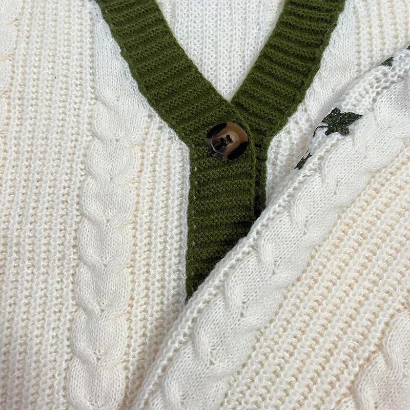Fall Winter Vintage Outfit Cardigan Green Vine Embroidered Button Down Cable Knit Lantern Sleeve Sweater Loose Casual Woolen Cardigan Jacket