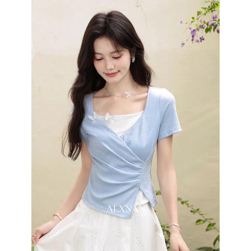 Women s French Style Faux Two-Piece Short Sleeve T-Shirt L синий