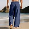 Mens Linen Wide Legs Pants Summer Solid Color Loose Casual Pants Breathable Drawstring Elastic Waist Straight Trousers with Pockets
