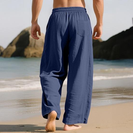 Mens Linen Wide Legs Pants Summer Solid Color Loose Casual Pants Breathable Drawstring Elastic Waist Straight Trousers with Pockets