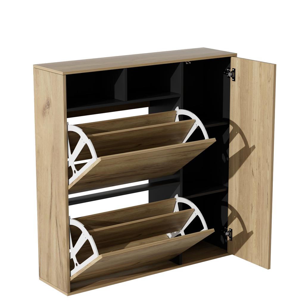 Shoe Cabinet with 2 Flaps & 1 Door – Narrow Shoe Tilt Cabinet, Open Compartments & Adjustable Shelves, Space-Saving, Wood Look/Black, 90x24x94 Cm