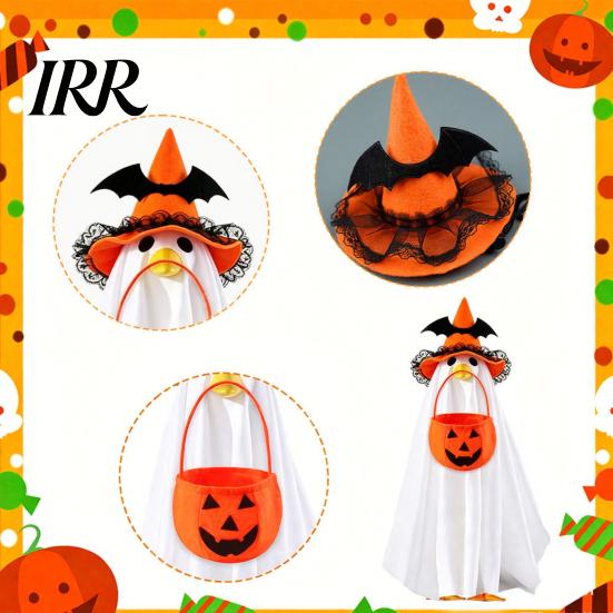 Felt Halloween Goose Statue Ghost Costume, Wizard Hat, Cape, Pumpkin Candy Soft Fabric Decor Bag, Outdoor Yard Decoration for or Garden Display