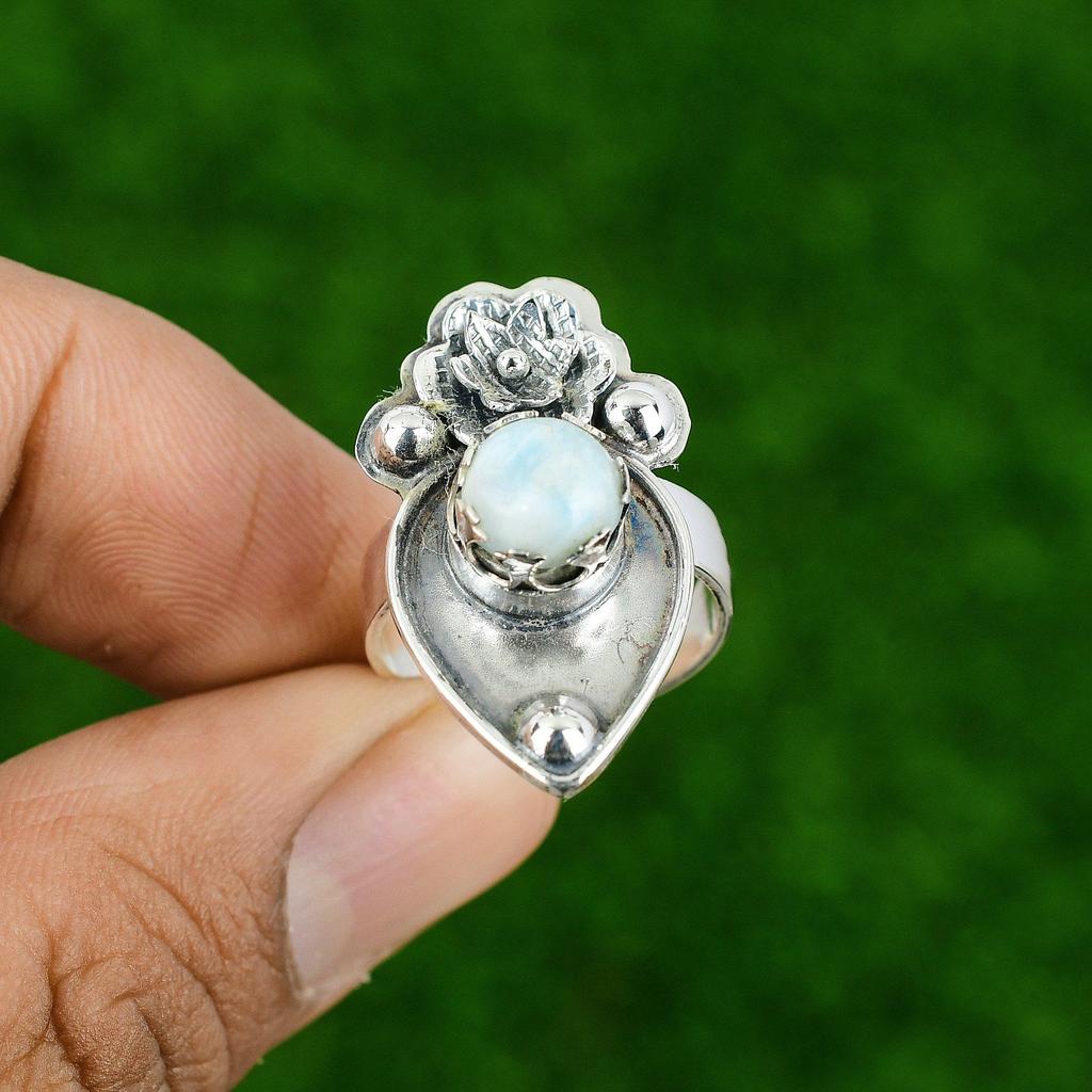Natural Larimar Gemstone Statement Flower Adjustable Ring 925 Silver For Women