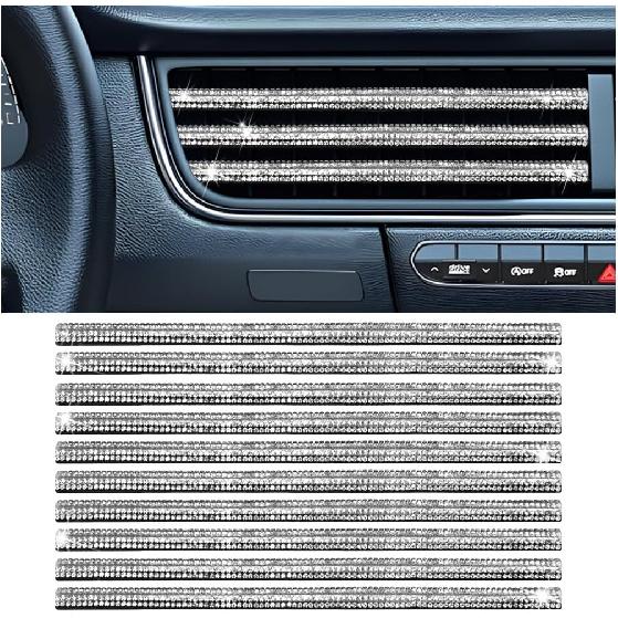 Bling Car Vent Outlet Moulding Trim, 10PCS Rhinestone Vehicle Air Conditioner Decorative Strip, Diamond Straight Seal Strip Line Decoration,