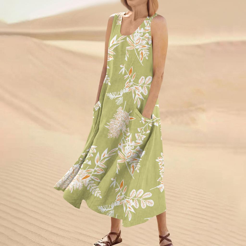 Women's Fashion Casual Solid Colour Sleeveless Cotton Linen Pocket Dress