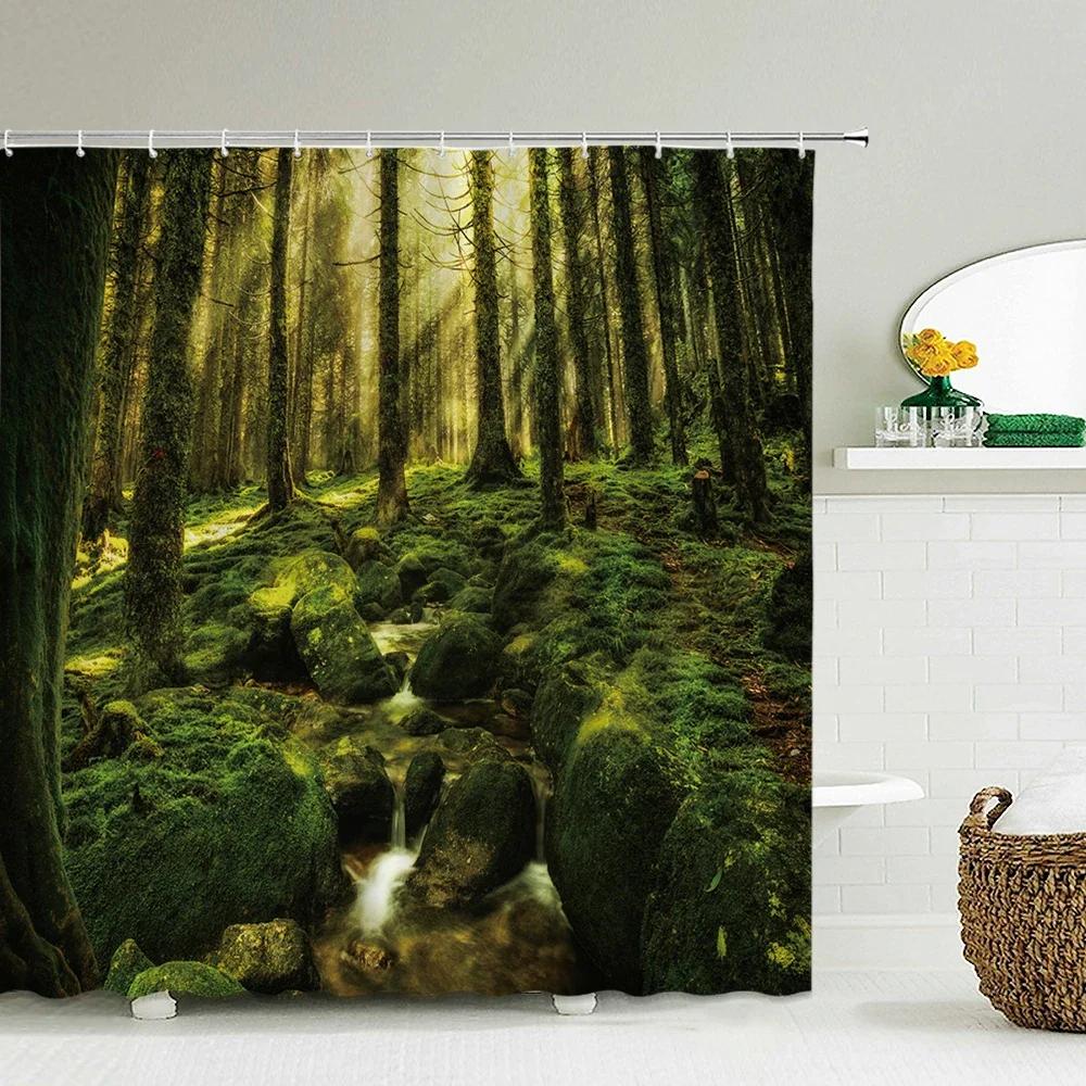 Natural Forest Tree Scenery Shower Curtain Bathroom Waterproof Polyester Fabric Bathroom Curtain 3d Printed Bath Screen Mat