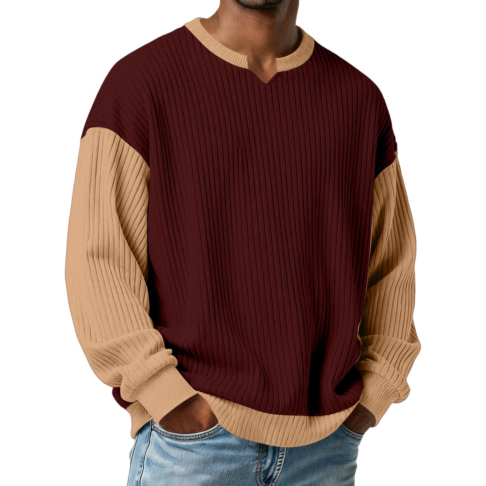 

Men s Color-Blocked Stylish V-Neck Ribbed Textured Long-Sleeve T-Shirt XL винний