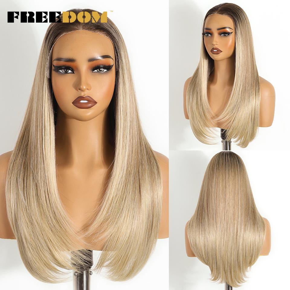 FREEDOM Straight Synthetic Lace Front Wigs For Women 9x6 Pre Plucked Layerd Wig 24" Ombre Brown Wear And Go Glueless Lace Wigs