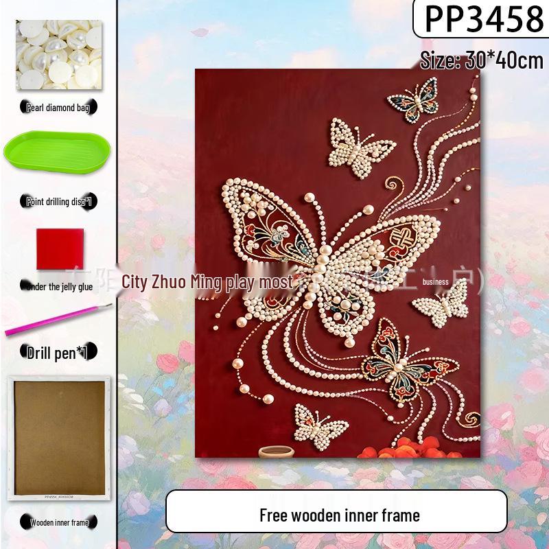 Handmade 3D Pearl Cross-Stitch Castle with Starry Sky Stickers and Indoor Decorative Frame