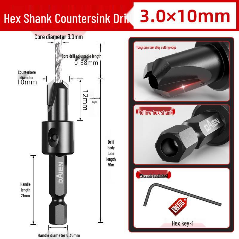 90° Hex Shank Woodworking Countersink Drill Bit for Deep Pilot Holes & Self-Tapping Screws