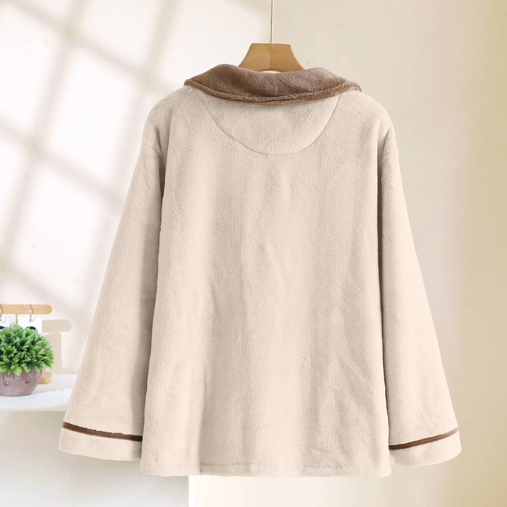 Women's Color Blocked Fashionable Long Sleeved Pocket Cardigan Flannel Warm Sleepwear Jacket