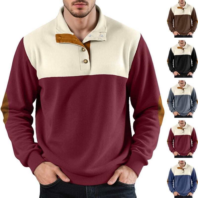 New Autumn/Winter Men's Casual Button-Down Half-Stand Collar Jacket Stylish Colour-Blocked Pullover Hoodie for Men