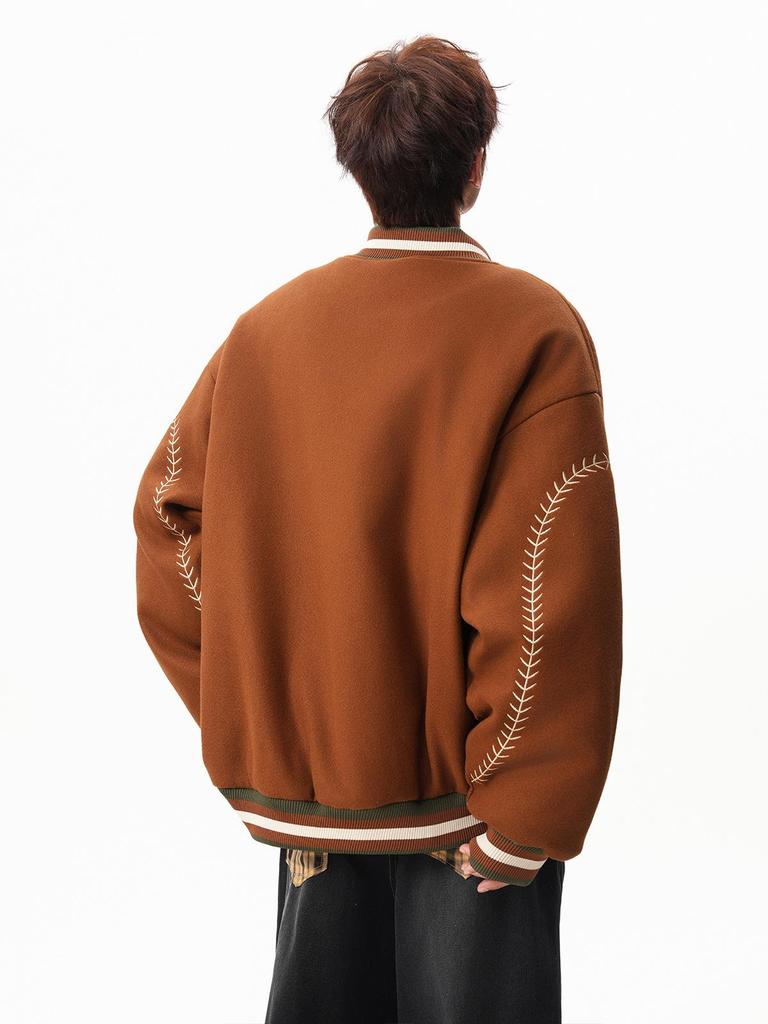 Guochao Vintage Woll-Baseballjacke mit Stickerei für Damen & Herren - Schweres Retro-Modell für Herbst/Winter 2025