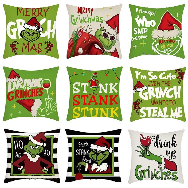 Grinch Linen Throw Pillowcase Holiday Sofa Office Cushion Pillowcase Green Furry Christmas Pillowcase