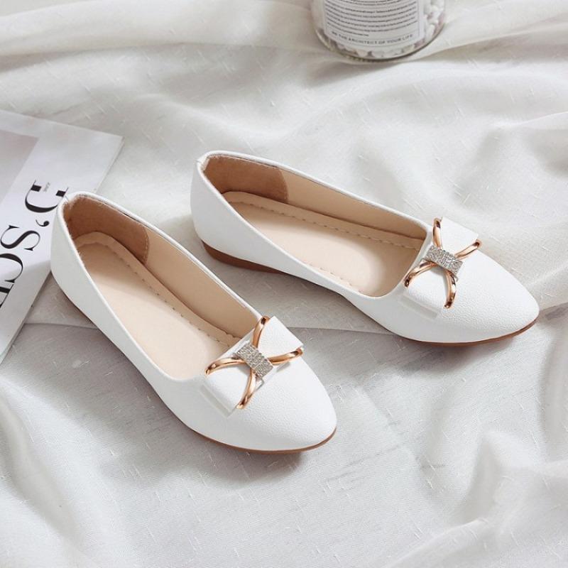 Spring and Summer Women's Shoes with Bow Bean Shallow Mouth Pointed Toe Low Heel Flat Bottom and Rhinestone