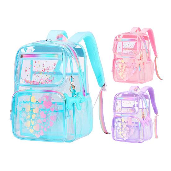 Kids Clear Backpack Waterproof Student Backpack with Love Heart Prints Book Bag with Front Zipper Pockets for Boys Girls School Street