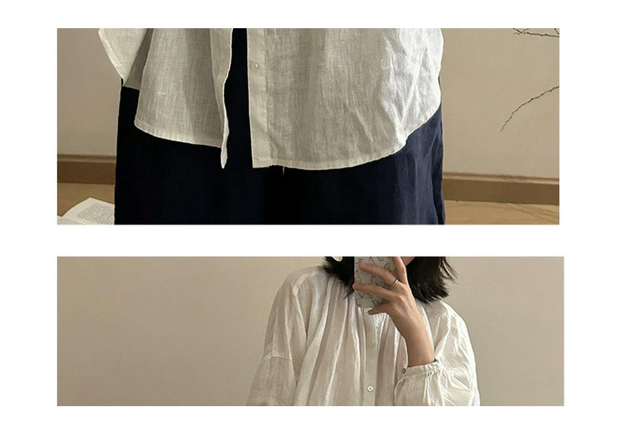 Spring/Summer 2026 Artistic Loose-Fit Plus Size Women's Linen Shirt with Pleated Stand Collar and Long Sleeves