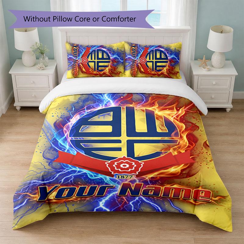 Bolton Wanderers FC Custom Name Text Bedding Set 1 Duvet Cover+2 Pillowcases Soccer Logo Personalized Gift For Special Occasion Bedroom Decor