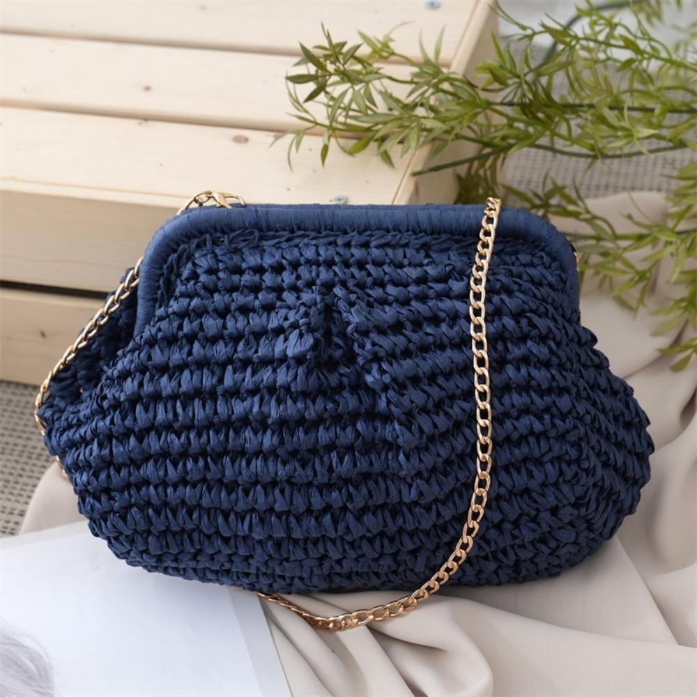 New Large Capacity Straw Woven Bag Solid Color Straw Weaving Straw Crossbody Handbag with Chain Strap Shoulder Bag Beach