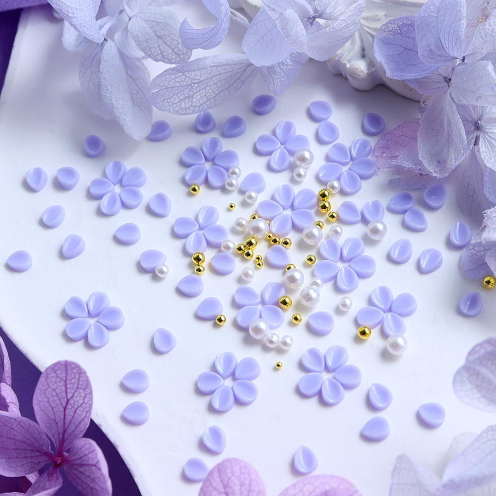 150 Stück lila runde Blütenblätter mit goldener Perle Nageldekorationsmaterial für Klebenagelpatches DIY Nagelprodukte