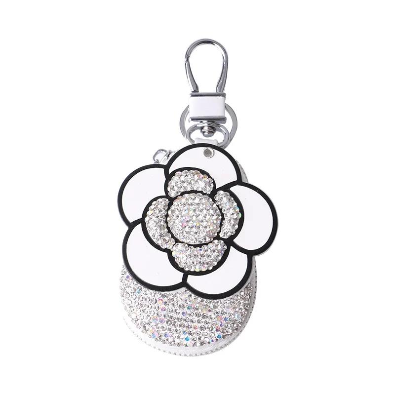 Luxury Crystal Camellia Car Key Case Shiny Keychain Holder  Bag Case Bling Car Accessories Interior for Woman Girls
