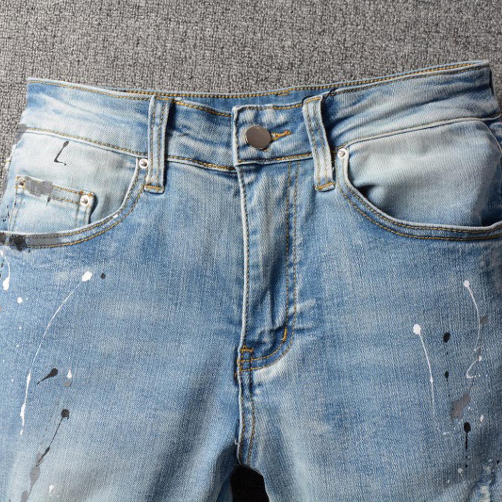 Fashion Men's Denim Micro-stretch Cotton Youth Light Blue Splatter Paint Hole Patch Jeans