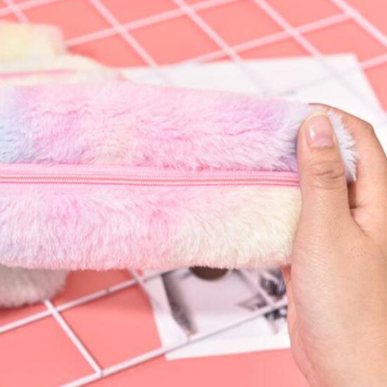 Plush Pencil Case Octagonal Shape Large Capacity Pencil Pouch Gradient Colors Zipper Storage Pouch for Stationery Cosmetics And Personal Items